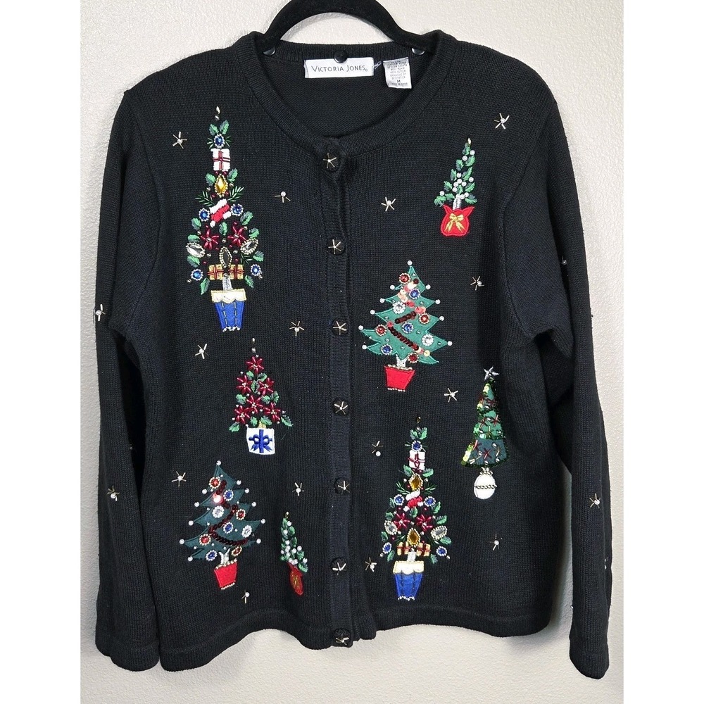 Victoria Jones Christmas Tree Cardigan Sweater Black‎ Beaded Embroidered...